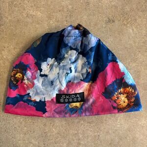 SKIDA Floral Beanie Hat Women Navy Blue Pink Poppy Print